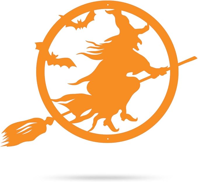 RealSteel Witch Halloween Decoration - Metal Broom Riding Décor - Scary Indoor Outdoor Wall Sign for Haunted Houses - Wicked Witch Flying Porch Art - Flying Bats Front Door Art (30, Orange)