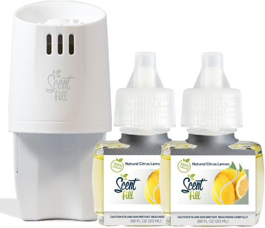 Scent Fill 100% Natural Lemon & Citrus Plug in Air Freshener, Scented Oil Refills, 2 Refills + Diffuser