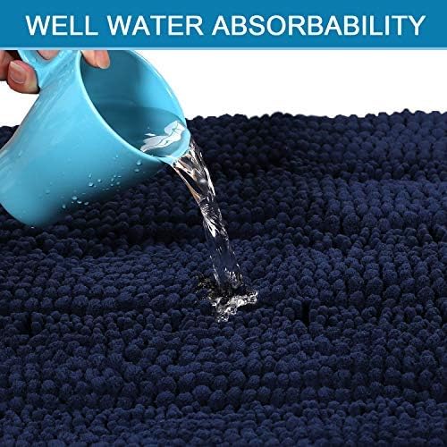 H.VERSAILTEX 2 Piece Bathroom Set - Super Absorbent Chenille Striped Bath Mats, Non Skid, Machine Washable - Navy, 47 x 17 Plus 17 x 24 Inches