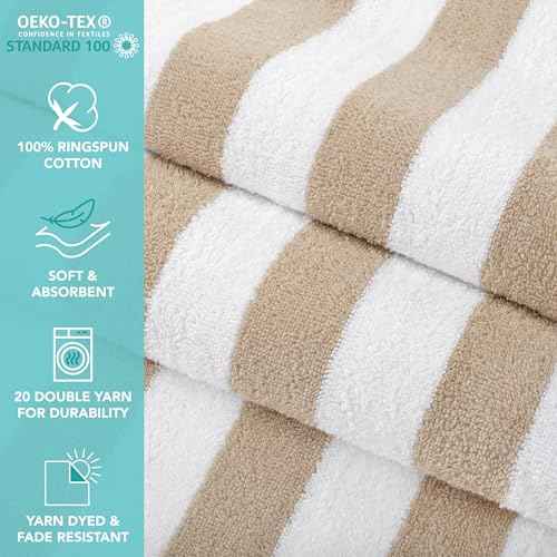 Arkwright California Cabana Stripe Beach Towel - Pack of 4, Large Soft Quick Dry Cotton Terry Towels Set for Pool, Swim, and Hot Tub, Oversized 30 x 70 in, Beige