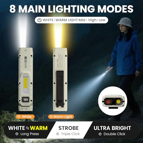 Flat Flashlights Rechargeable Small Tactical Flashlight with Clip,Stainless Steel EDC Led Light with Digital Display,880 Lumen Pocket Flashlight Dual-Switches13 Modes for Home Use,Outdoor and Work