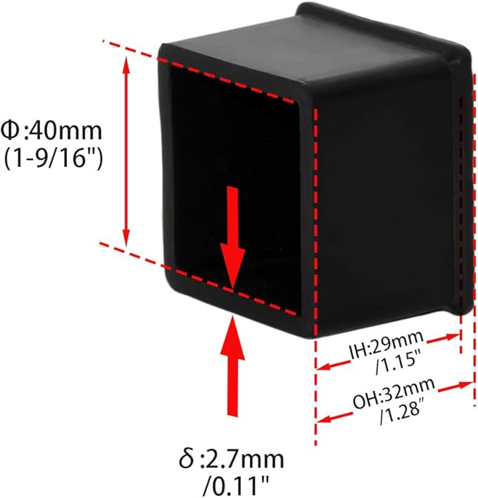 Flyshop Durable Non-Marking Silicone Chair Leg Caps Tips Floor Protectors Square Furniture Table Leg Covers, 20pcs, Black, 40 mm x 40 mm, 1-9/16" x 1-9/16"