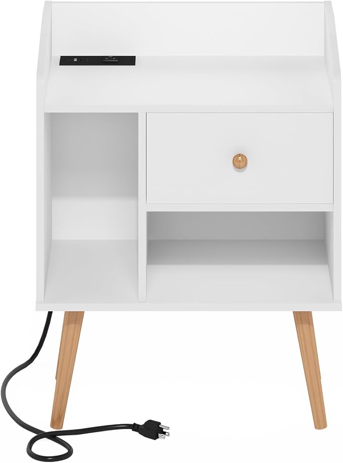 Furinno Claude Side Table, Mid Century End Table with Charging Station, Wooden Legs Night Stand, Bedside Table with USB and Type-C Port, for Living Room, Bedroom, White