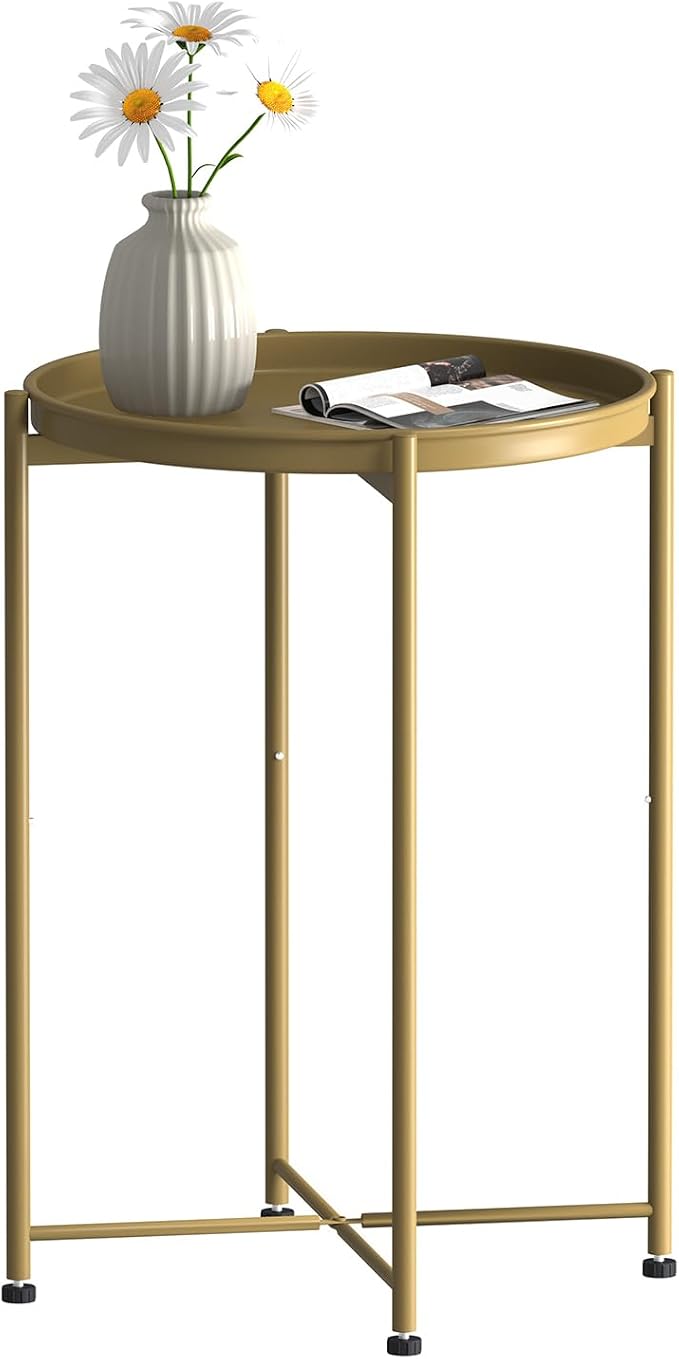 Garden 4 you Small Side Table, Gold Mini Round End Table, Tray Table with Metal Frame, Modern Nightstand for Living Room, Bedroom, Patio, Small Space, 1PCS