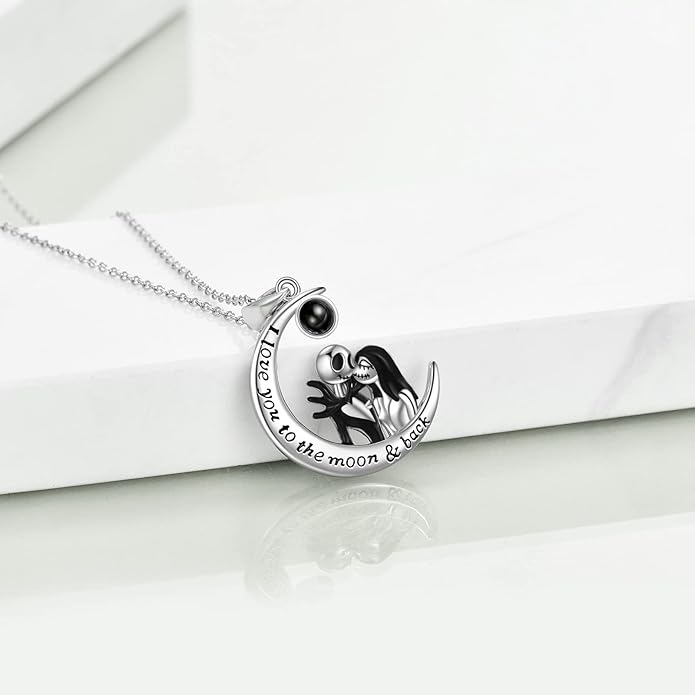 LILALO Christmas Gifts Nightmare Necklace Sterling Silver Abalone Shell Crystal Jack and Sally Necklace Jack Skellington Skull Jewelry Skull Necklaces for Women