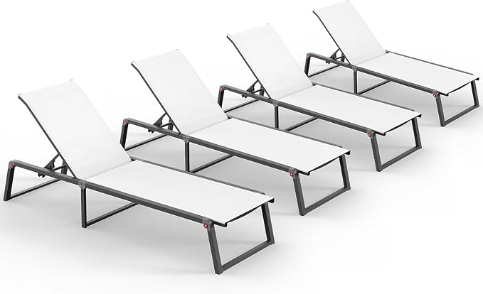 Aluminum Chaise Lounge Chair Outdoor, No Assembly & Foldable Patio Pool Lounge Chairs 5-Position Recliner for Outside, Fully Grounded Legs Sun Lounger for Poolside, 4 Packs, Bright White