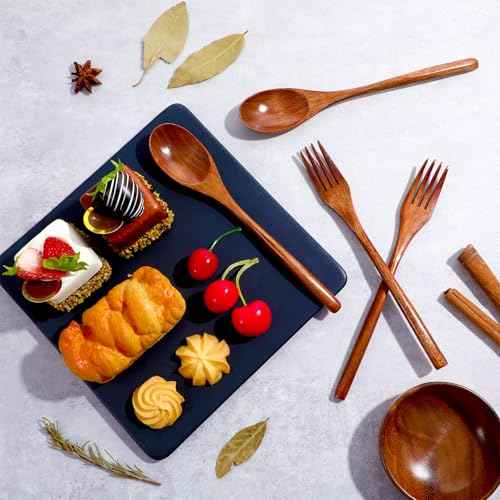 4Pcs Wooden Spoons and Forks for Eating Utensil Set, Korean Wooden Spoon Fork Cutlery Set Reusable Kitchen Wood Dinner Flatware Tableware for Travel and Camping
