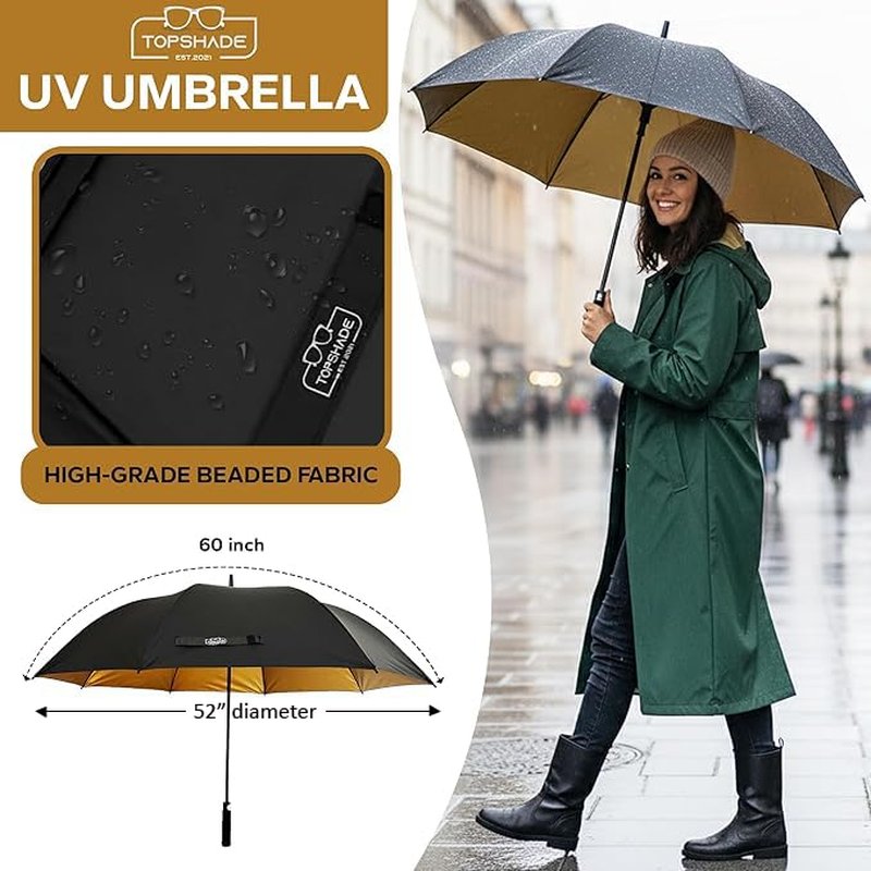 TopShade Golf Umbrella 60 Inch - Large 52-Inch Diameter Single Canopy, Wind Resistant Fiberglass Frame, Gold UV Protection, Auto Open - Black/Gold