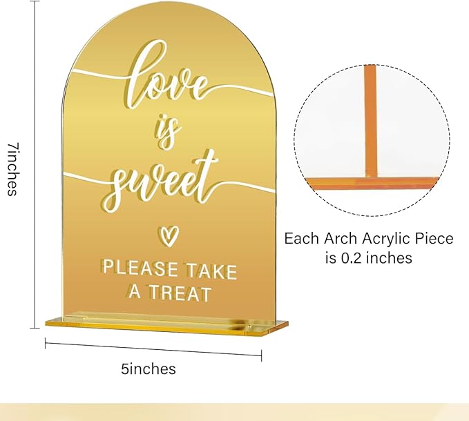Acrylic Wedding Sign, Bridal Shower Decorations, Love is Sweet Sign for Ceremony, Modern Font Table Signs, Gold Mirror Arched Acrylic Tabletop Signs for Wedding Reception and Event Party