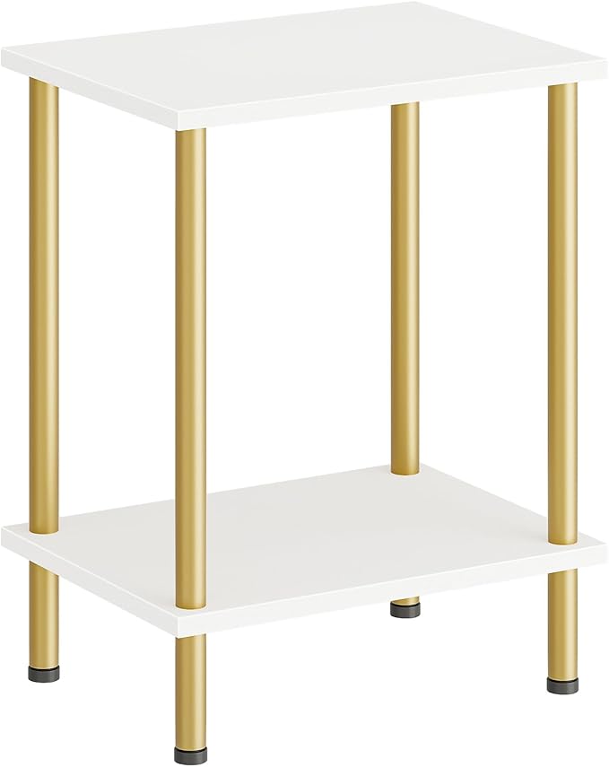 HOOBRO End Table, Small Side Table, Nightstand with 2-Layer Storage Shelves, Sofa Table for Small Spaces, Living Room, Bedroom, Stable Frame, Easy Assembly, White and Gold DW09BZ01