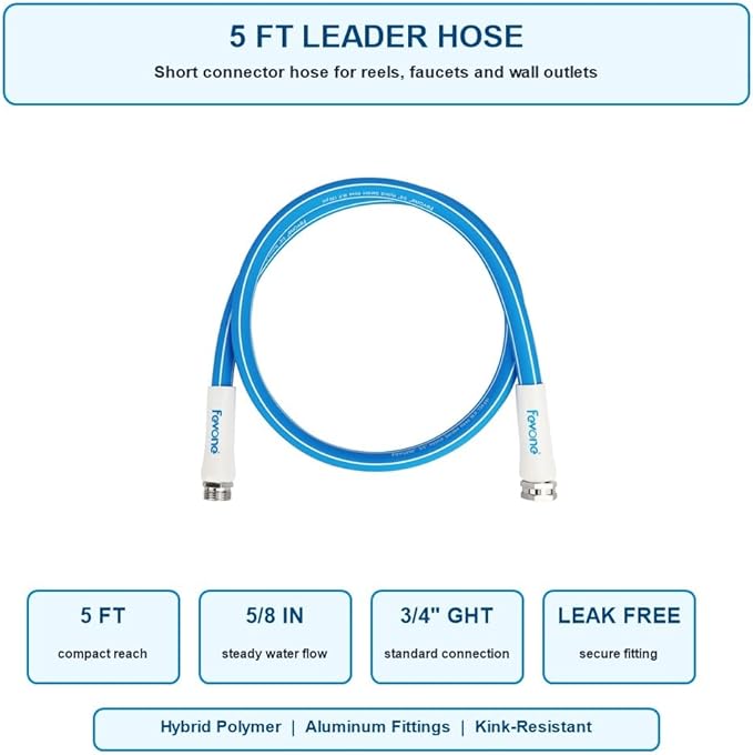 FEVONE 5 ft x 5/8 in Garden Hose, Hose Reel Leader Hose, Short Water Hose Extension, Heavy Duty Hybrid Polymer Connector Hose with Aluminum Fittings, Kink-Resistant, Leak-Free