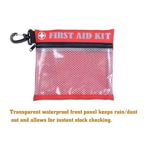 First Aid Kit Bag with Carabiner, 8.5 x 7.5 inches, Waterproof Mesh Front, Set of 3, Black Blue Red, For Travel, Home, Office, Vehicle, Camping, Outdoor (Bag Only)