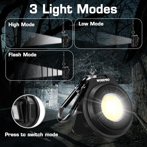 WORKPRO COB Keychain Light, 2Pcs Small Work Keychain Flashlight with Hat Clip, EDC Rechargeable Magnetic 3 Light Modes Carabiner Flashlight for Running, Emergency Hiking and Repairing, Black