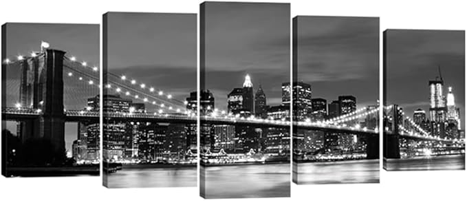 Wieco Art New York Brooklyn Bridge Canvas Wall Art Night View 5 Panels Modern
