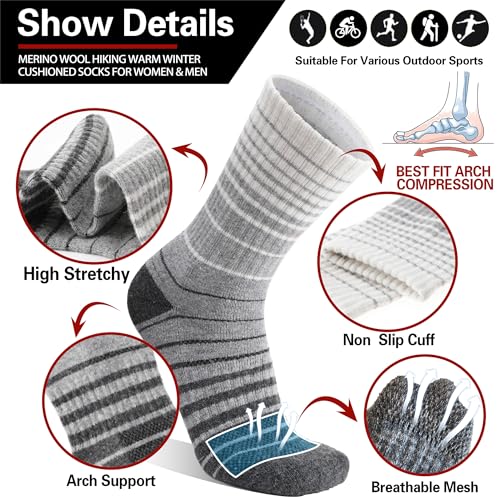 5 Pairs Merino Wool Hiking Socks Thermal Winter Warm Moisture Wicking Cushion Outdoor Socks for Women & Men
