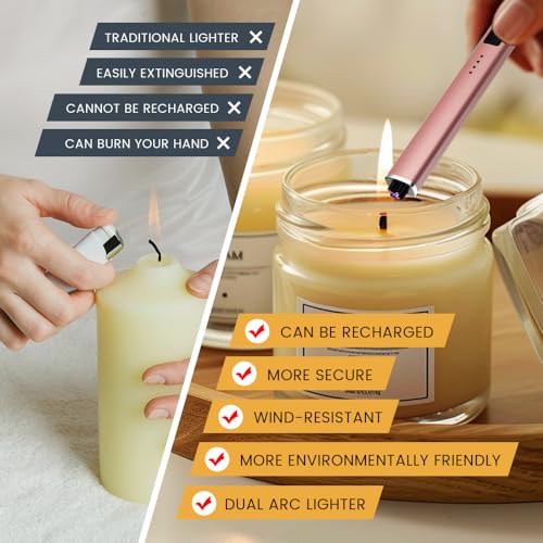 2 PCS Pack USB Rechargeable Electric Candle Lighter with LED Power Display, Dual Arc Plasma Flameless Type C Long Lighter for Birthday,Fireplace, Candle, Camping(Black & Rose Gold