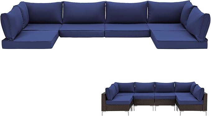 HOMREST 14-Piece Outdoor Patio Cushions, 25x25 Deep Seat Replacement, Water Resistant & Non-Slip for 6-Seat Wicker Sectional Sofa,Navy Blue