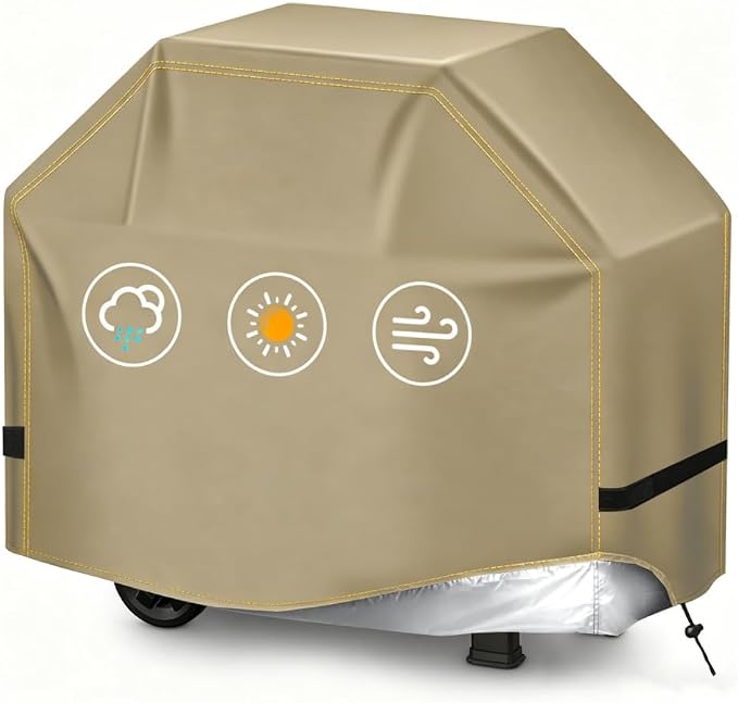 BBQ Gas Grill Cover for Outdoor, Anti-UV, Rip-Proof, 600D Oxford Fade Resistant Material, Barbecue Cover with Hook and Loop Straps & Adjustable Hem Drawstring (Beige, 32”x26”x43”)
