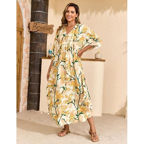 MAKABO Kaftan Dresses for Women, Summer Hawaii Swimsuit Cover Up, V Neck Caftan Beach Vacation Print Dress