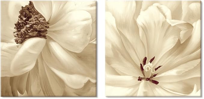 SEVEN WALL ARTS Flower Canvas Wall Art 2 Pieces Neutral Beige Floral Pictures Elegant Blossom Flowers Poster Print for Living Room Bedroom Office Boho Decor 24"x24"