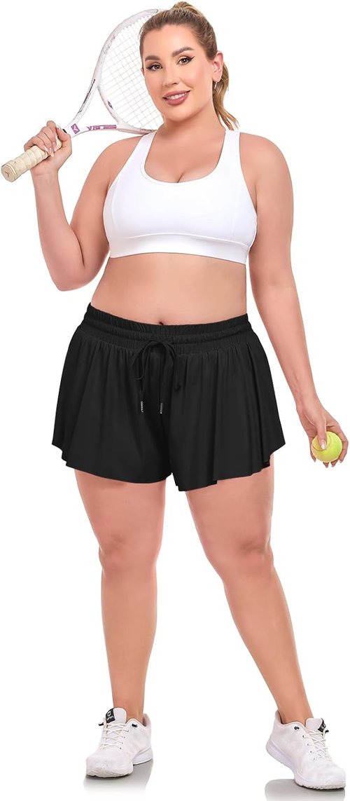 COOTRY Plus Size Flowy Athletic Shorts - 2 in 1 High Waist Butterfly Design for Summer Workouts