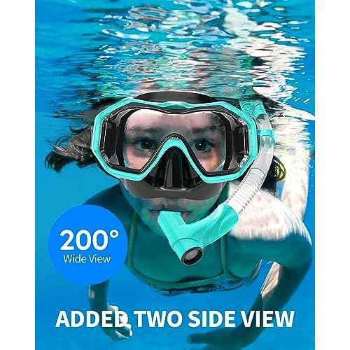 Bairuifu Kids Swim Goggles Snorkel Mask, Latest 3-Window Lens Wide Vision, Crystal Clear, Swimming Goggles Soft Nose Cover