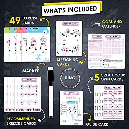Pilates Bar Workout Cards - 58 Exercise Cards with Pilates Stick Work Out Postures, Instructions & Breathing Tips | Free Ring & Dry-Erase Marker to Create Your Customize Workout Planner Chart