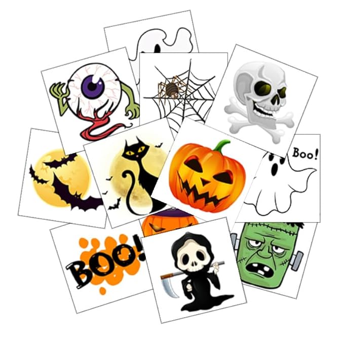 Halloween Temporary Tattoos for Kids - 144 Pack, 2" Size, Pumpkin, Skull, Ghost, Monster Designs | Boys & Girls Halloween Party Favors, 12 Unique Designs
