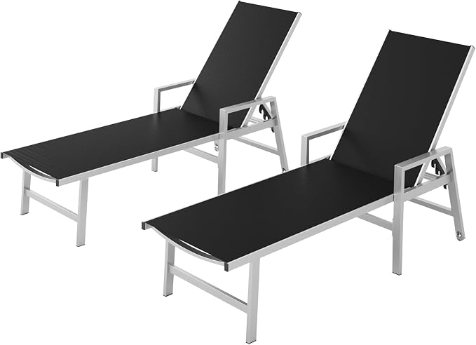 Patio Chaise Lounge Chair Outdoor with Wheels&Armrests, Aluminum Pool Lounge Chairs Set of 2 Five-Position Adjustable Recliner, Outdoor Beach Lounge Chairs for Poolside, Patio, Deck, Garden, Black