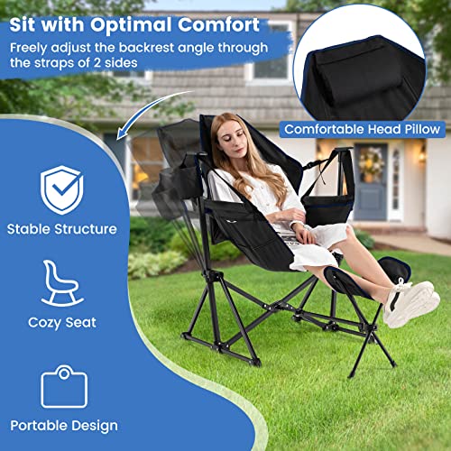 COSTWAY Folding Camping Chair, Portable Beach Chair with Retractable Footrest, Adjustable Back, Cup Holder & Carry Bag, Outdoor Lawn Patio Chair for Camping, Fishing, Hiking (Black, 1 Pack)