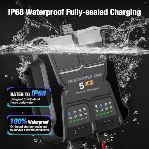 2 Bank Marine Battery Charger 5X2, 10A (5A/Bank) - 12V Waterproof Onboard Battery Charger, Battery Maintainer & Desulfator for SLA/AGM, Lithium (LiFePO4), Calcium & Deep-Cycle Battery- Charged 24/7