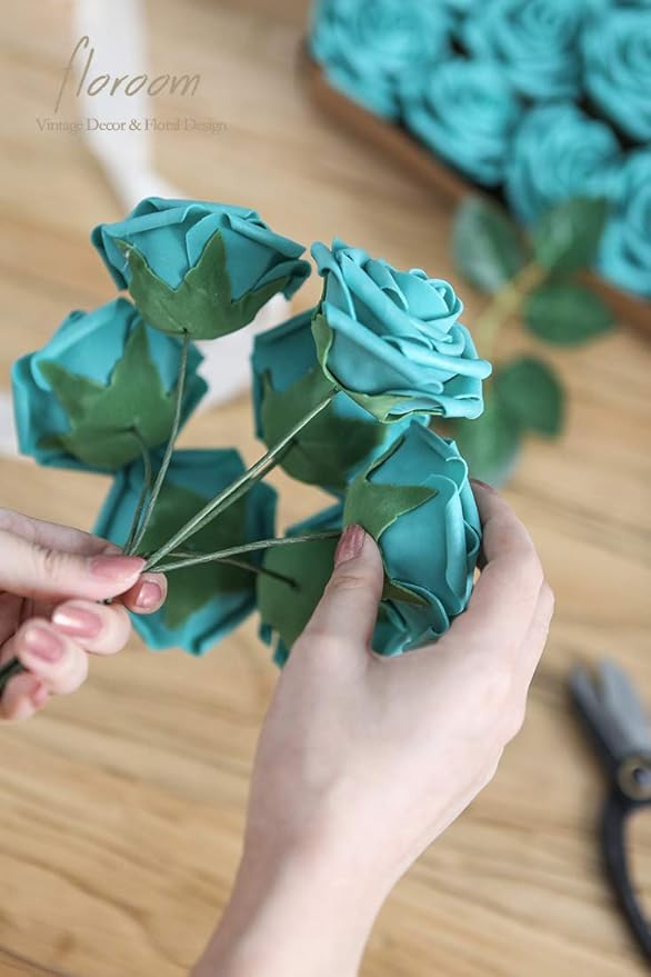 Floroom Artificial Flowers 25pcs Real Looking Teal Green Foam Fake Roses with Stems for DIY Wedding Bouquets Baby Shower Centerpieces Party Tables Home Decorations