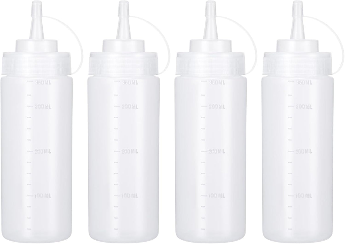 Condiment Squeeze Bottles Ketchup Dispenser, 4 Pack 12oz Squeeze Bottles for Liquids, Plastic Sauce Bottle with Cap Lid, Squirt Bottles for Sauces Liquids BBQ Dressing Pancake Art