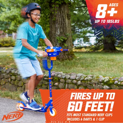 NERF Kick Scooter for Kids, Dual Barrel Blaster Fires Up to 40 Feet, Supports Up to 150lbs, Rear Brake, Sturdy Steel Frame, Wide Surface Textured Molded Deck, Outdoor Activities for Boys/Girls