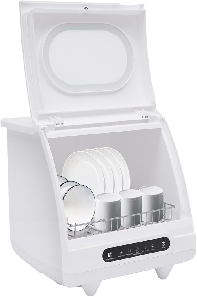 Portable Countertop Dishwasher, 5 Washing Programs Neutral Freestanding Dishwasher with 5L Built-in Water Tank, 1200W 360° Spraying Water Compact Dishwasher for Homes (1200W White)