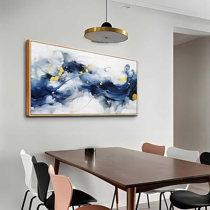 hyidecorart Wall Art For Living Room Large Size Wall Decor For Office Bedroom Wall Decorations Pictures Artwork Blue Abstract Ink Paintings Wood Framed Canvas Art Prints Ready To Hang Home Decor