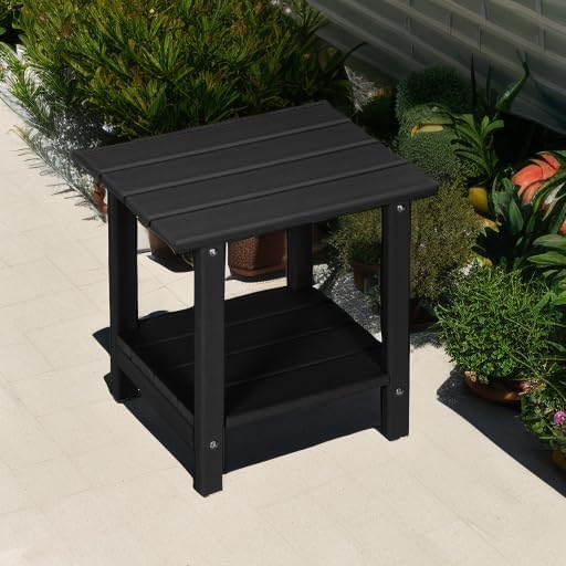 Adirondack Outdoor Side Table, 16.6" Small Patio End Table, 2-Tier HDPE Plastic Table for Poolside Porch Garden, Weather Resistant & Easy Assembly (Black, Rectangle)