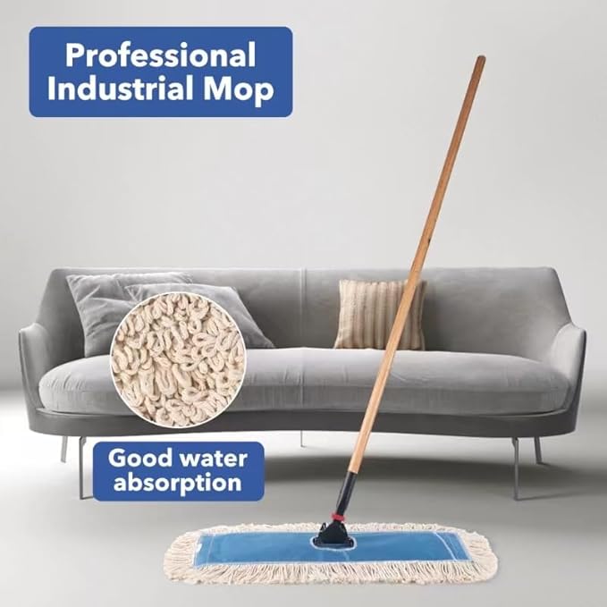 Matthew Cleaning 24'' Industrial Strength Cotton Dust Mop Refill Washable Replacement Heads for Residential & Commercial Use Fit Standard Dust Mop Frames, Hardwood,Concrete Floors Blue&White 1 Pack