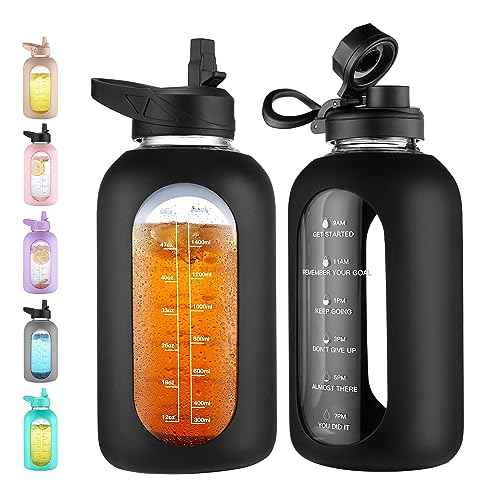 CIVAGO 64 oz Glass Water Bottle Jug with Straw and Handle, Half Gallon Sports Motivational Water Bottle with Time Marker, Wide Mouth Flask Canteen with Silicone Sleeve for Gym, Black