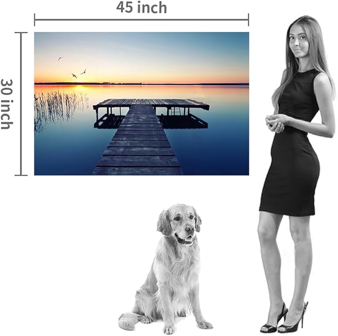 Hardy Gallery lake wall art pier picture: scenic nature canvas wall art lake scene artwork dock scenery wall decor painting - sunset landscape prints for bedroom house 45"x30"