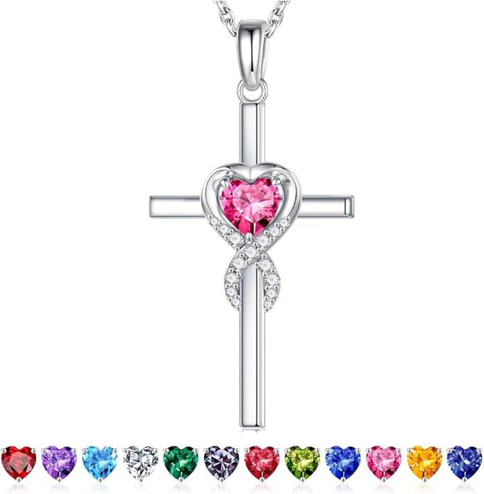 Iefil Cross Necklace for Women - 925 Sterling Silver Birthstone Necklace Jewelry Gifts for Women Wife