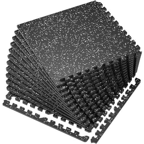 SUPERJARE 0.56'' Thick 12 Pcs 48 Sq Ft Rubber Top Exercise Equipment Mats, High Density EVA Foam Mats with Rubber Top, Interlocking Gym Flooring for Home Gym, Protective Workout Mat, Black/Grey