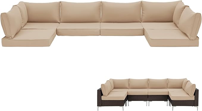HOMREST 14-Piece Outdoor Cushions for Patio Furniture, 25x25 Inch Deep Seat Replacement Cushions Set with Water-Resistant Cover & Non-Slip Base, Fits 6-Seat Rattan Wicker Sectional Sofa, Khaki