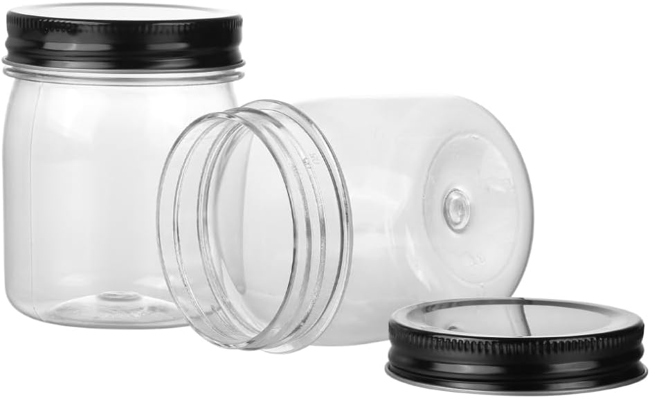 Plastic Mason Jars Reusable Storage Containers with Silver Airtight Lid 8 Ounce Clear Jars for Dry Foods, Coffee,BPA Free (16 Pack-Black)