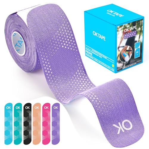 OK TAPE Synthetic Kinesiology Tape, 20 Strips Precut K Tape, Waterproof, Elastic Athletic Tape for Pain Relief & Muscle Support, Reflective Design, 2" x 10" -Purple