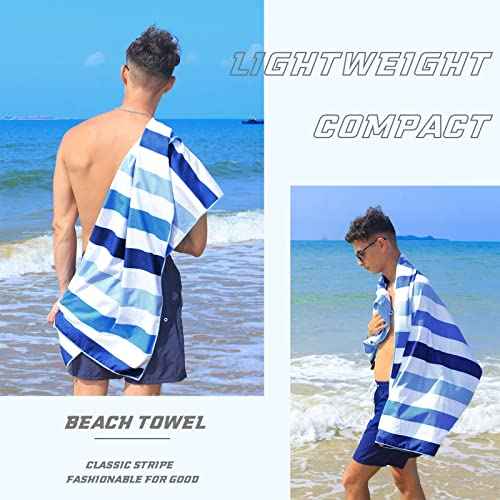 Exclusivo Mezcla Large Quick Dry Beach Towel, Microfiber Sandfree Cabana Stripe Pool Bath Swim Towel with Bag, Lightweight and Thin (Blue, 30x60 Inches)