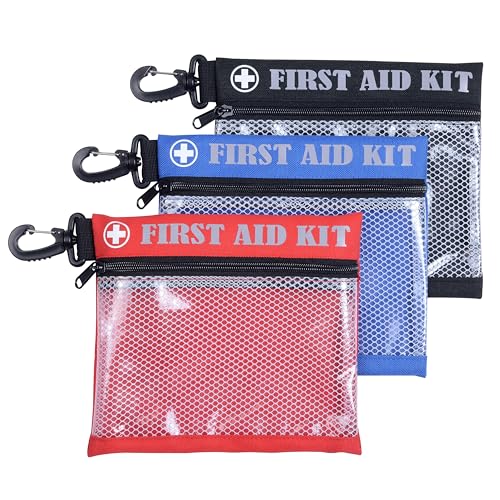 First Aid Kit Bag with Carabiner, 8.5 x 7.5 inches, Waterproof Mesh Front, Set of 3, Black Blue Red, For Travel, Home, Office, Vehicle, Camping, Outdoor (Bag Only)