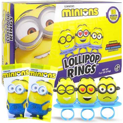 Minions Lollipop Rings, Individually Wrapped Candy for Birthday Party Favors, Assorted Flavors and Characters, 18 Suckers