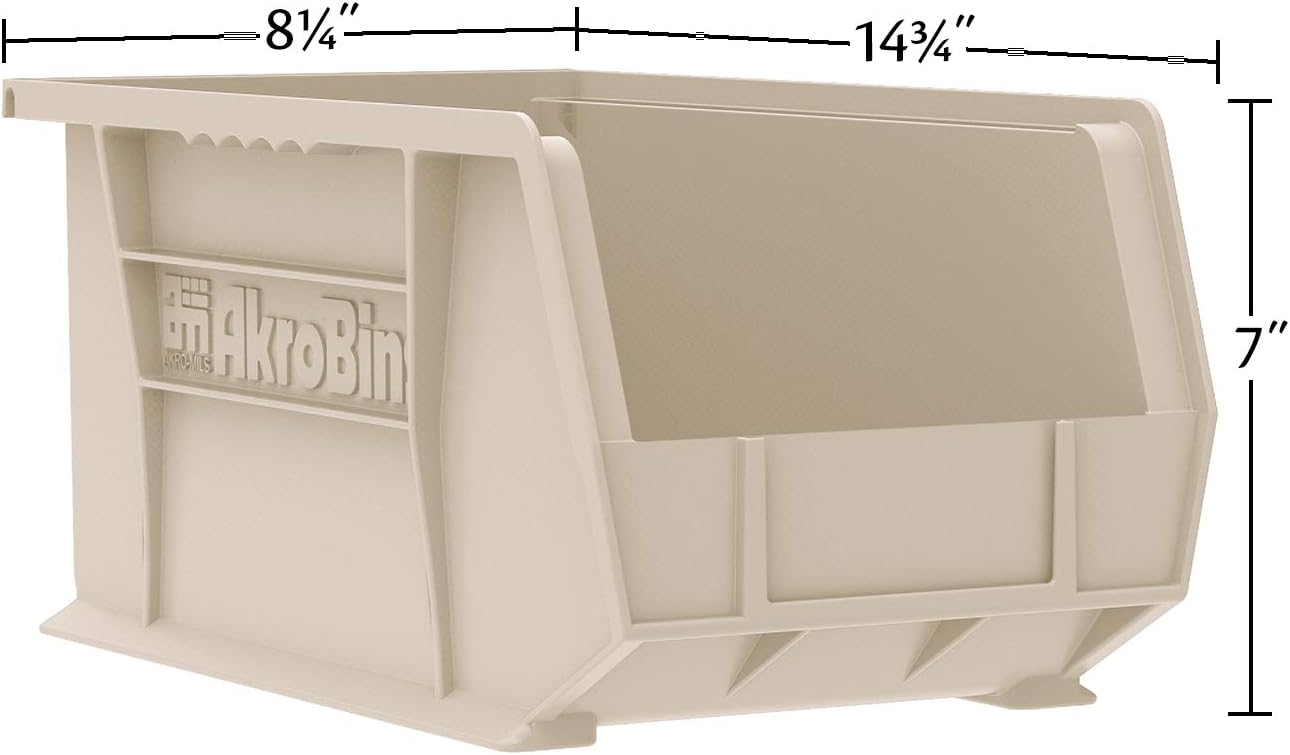 Akro-Mils 30240 AkroBins Plastic Storage Bins, Space-Saving Stackable Bins for Garage, Pantry, Craft Organization, 15" x 8" x 7", Stone, 12-Pack
