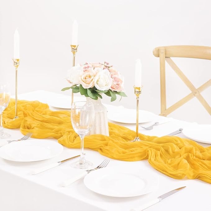 MLMC Gold Table Runner Rustic Winter Cheesecloth Table Runner 10ft Gauze Cheese Cloth Table Decoration 35x120 Inches for Wedding Picinc Party Family Gatherings Christmas Home Decor